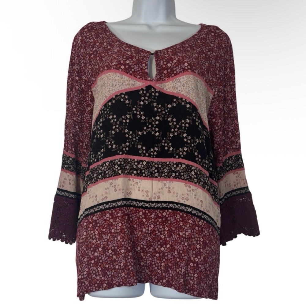 Maurices Boho Floral Patchwork Blouse Sz 2X Burgundy Bell Sleeve Top Lightweight